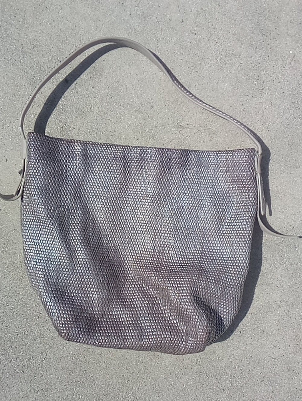 Cole Haan Pewter Golden Beige Woven Leather Genevieve Large Bucket Hobo
